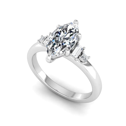 IGI certified marquise cut lab grown diamond five stone engagement ring with baguette and princess cut side diamonds in white gold.