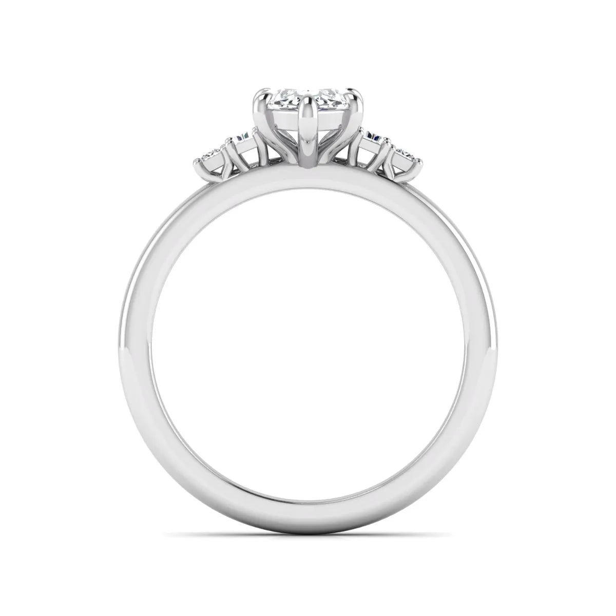 IGI certified marquise cut lab grown diamond five stone engagement ring with baguette and princess cut side diamonds in white gold.