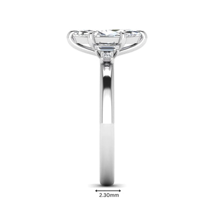 IGI certified marquise cut lab grown diamond five stone engagement ring with baguette and princess cut side diamonds in white gold.