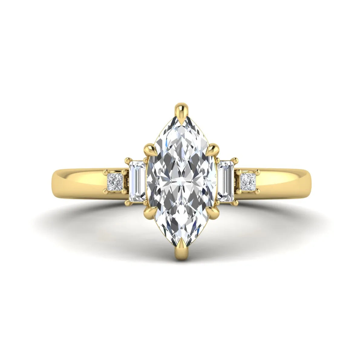 IGI certified marquise cut lab grown diamond five stone engagement ring with baguette and princess cut side diamonds in yellow gold.