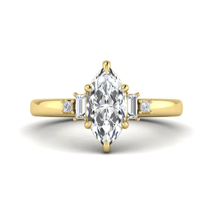 IGI certified marquise cut lab grown diamond five stone engagement ring with baguette and princess cut side diamonds in yellow gold.