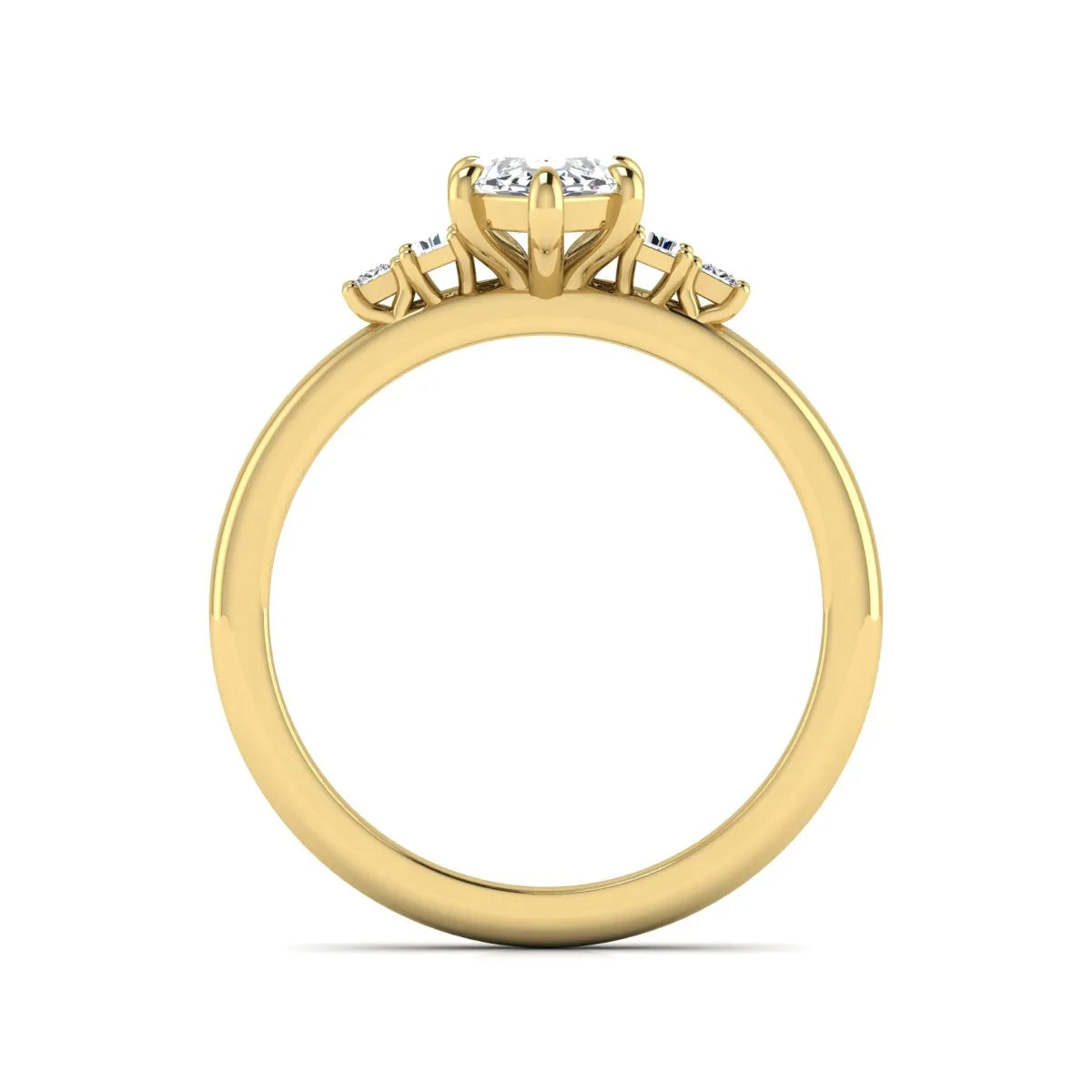 IGI certified marquise cut lab grown diamond five stone engagement ring with baguette and princess cut side diamonds in yellow gold.