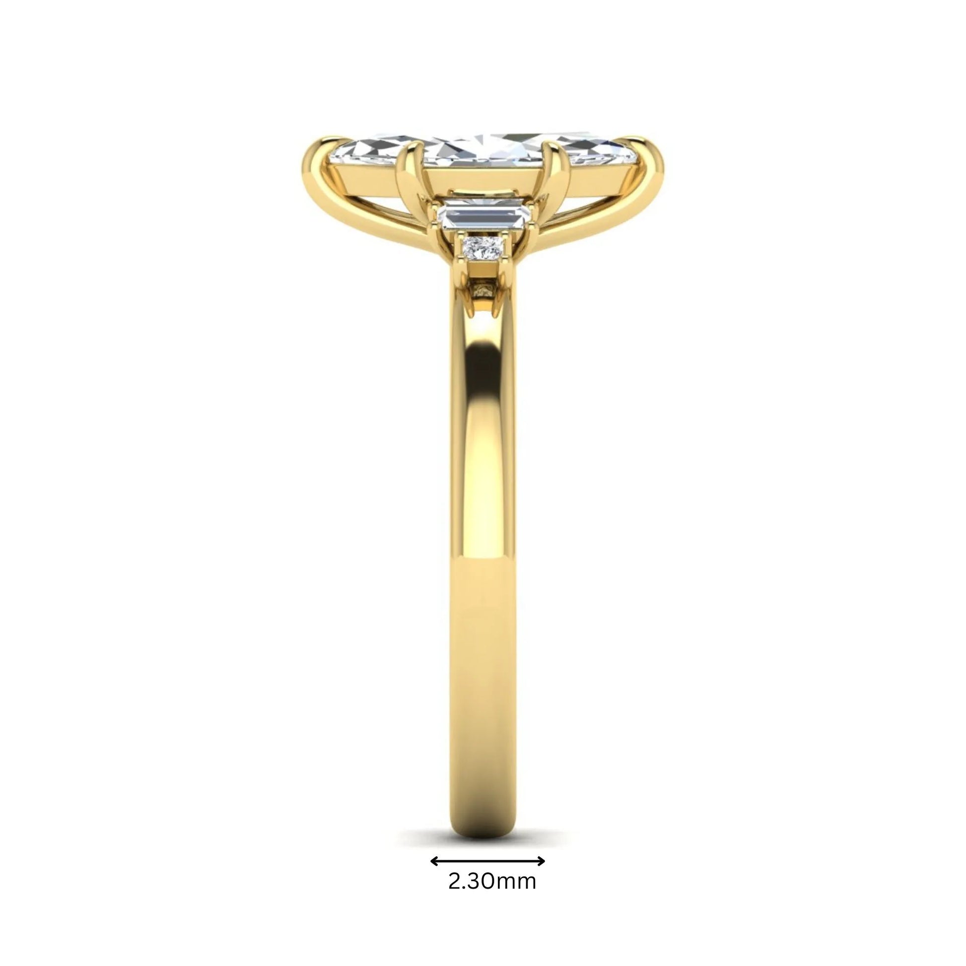 IGI certified marquise cut lab grown diamond five stone engagement ring with baguette and princess cut side diamonds in yellow gold.