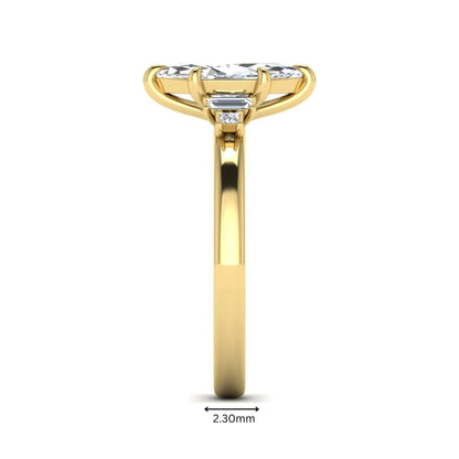 IGI certified marquise cut lab grown diamond five stone engagement ring with baguette and princess cut side diamonds in yellow gold.