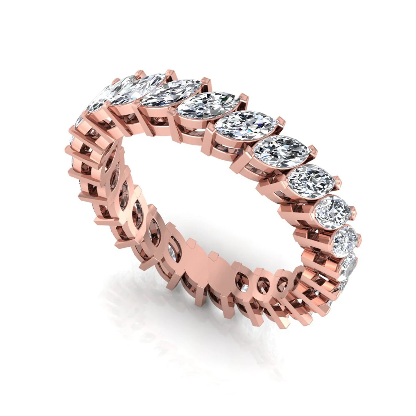 Marquise cut lab grown diamond full eternity band ring featuring shared prong setting with rose gold finish.
