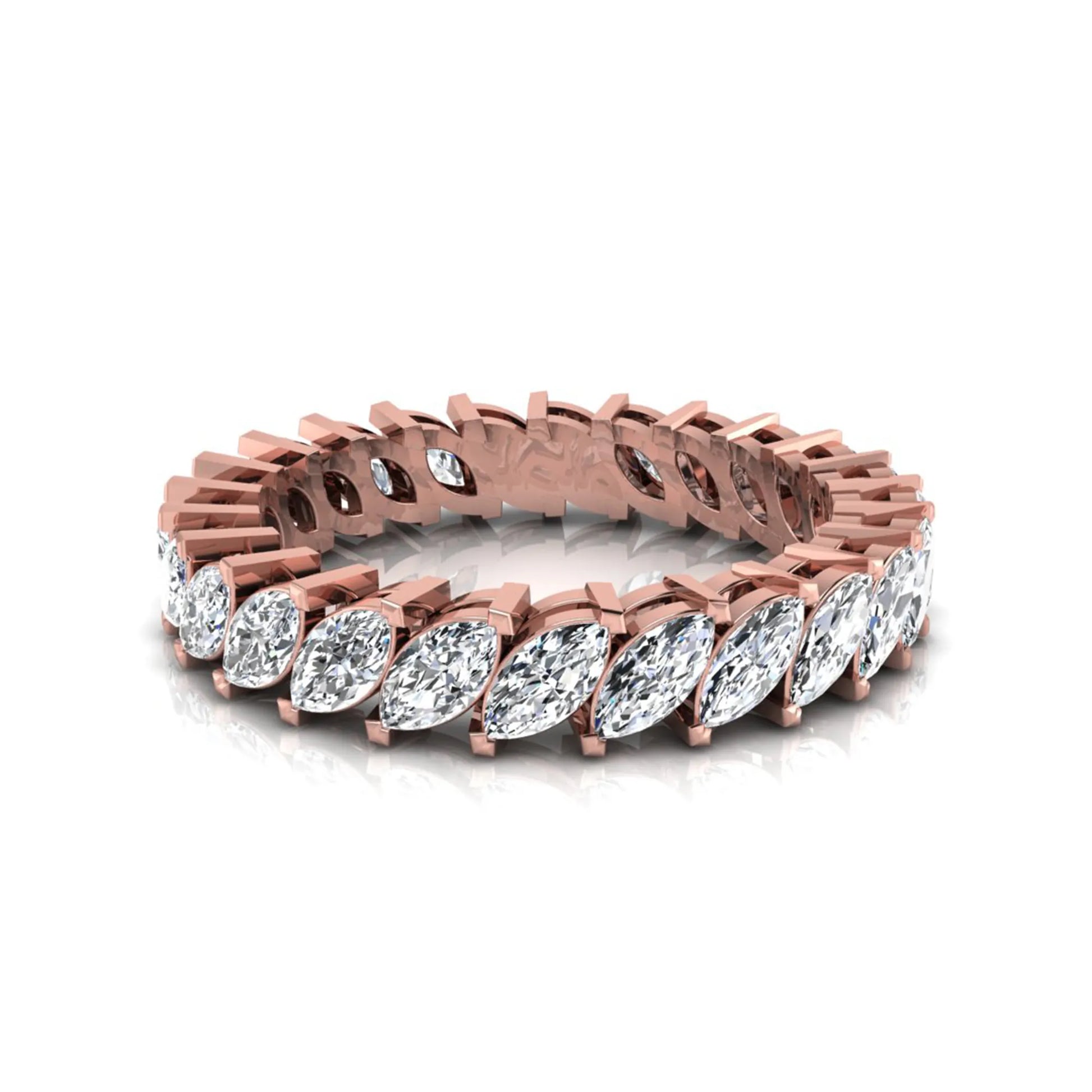 Marquise cut lab grown diamond full eternity band ring featuring shared prong setting with rose gold finish.