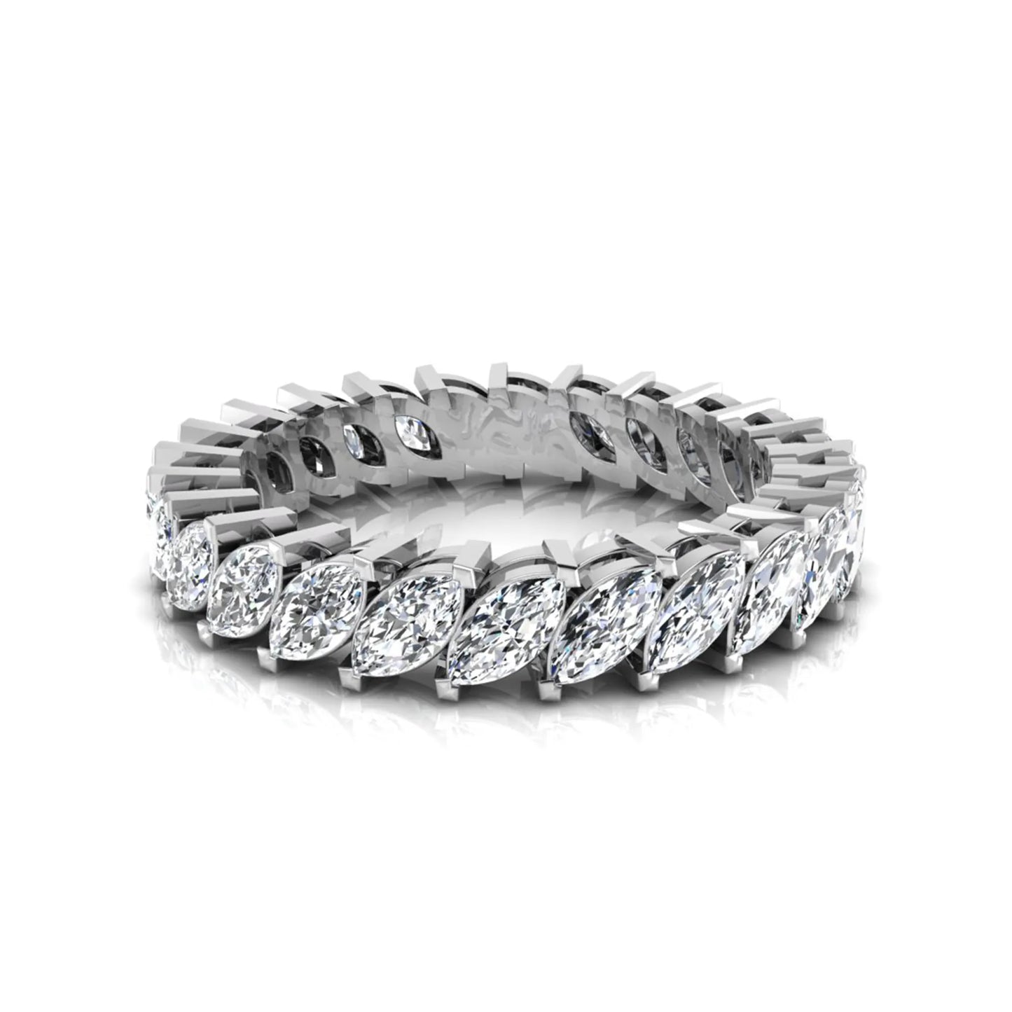 Marquise cut lab grown diamond full eternity band ring featuring shared prong setting with white gold finish.