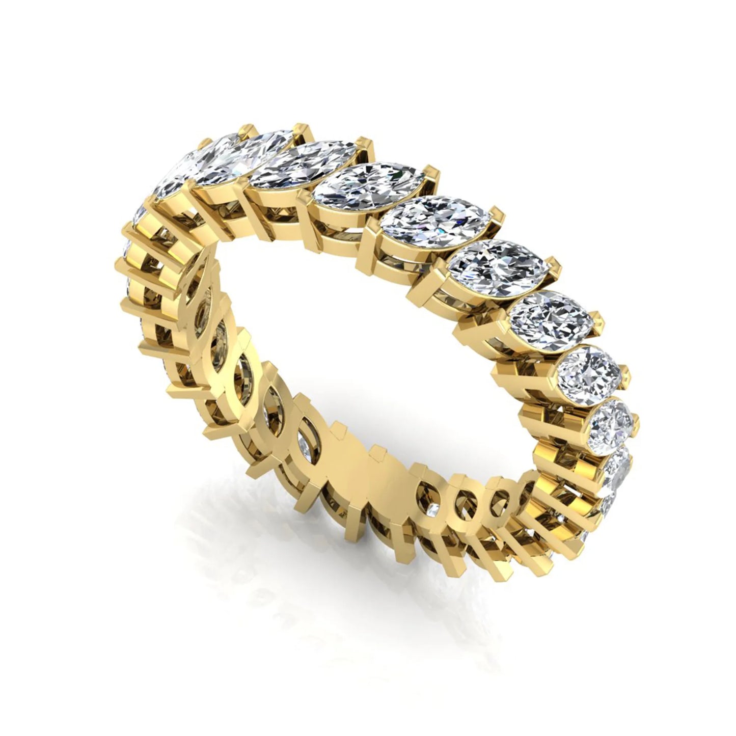 Marquise cut lab grown diamond full eternity band ring featuring shared prong setting with yellow gold finish.