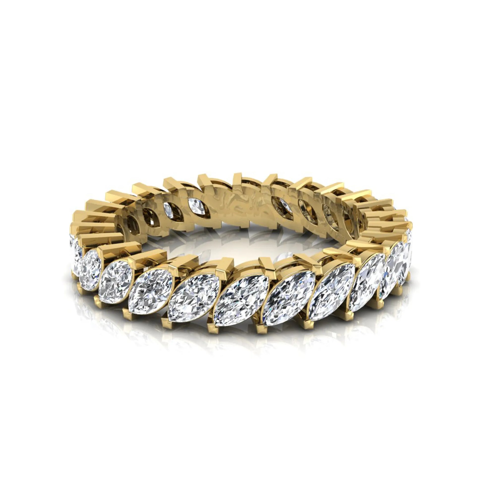 Marquise cut lab grown diamond full eternity band ring featuring shared prong setting with yellow gold finish.