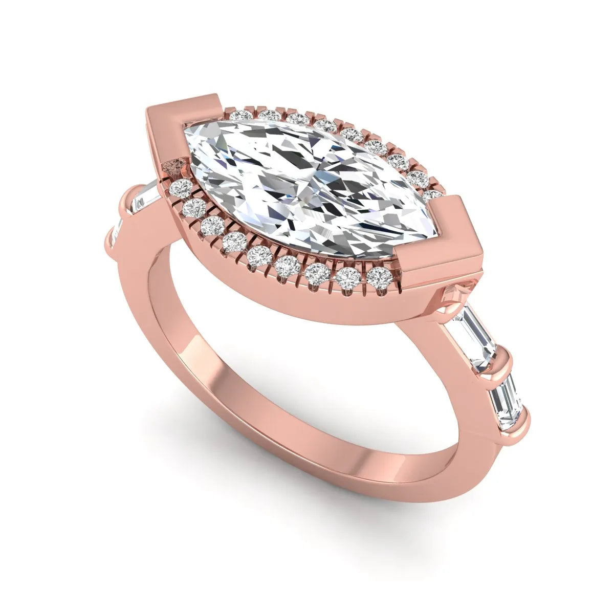 Marquise cut lab grown diamond halo engagement ring with round halo, baguette side diamonds, and rose gold tone band.