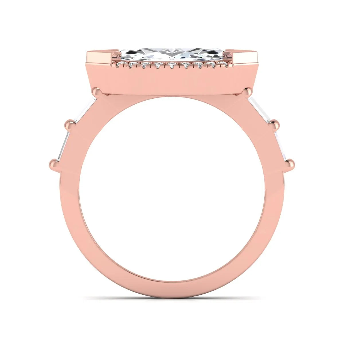 Marquise cut lab grown diamond halo engagement ring with round halo, baguette side diamonds, and rose gold tone band.