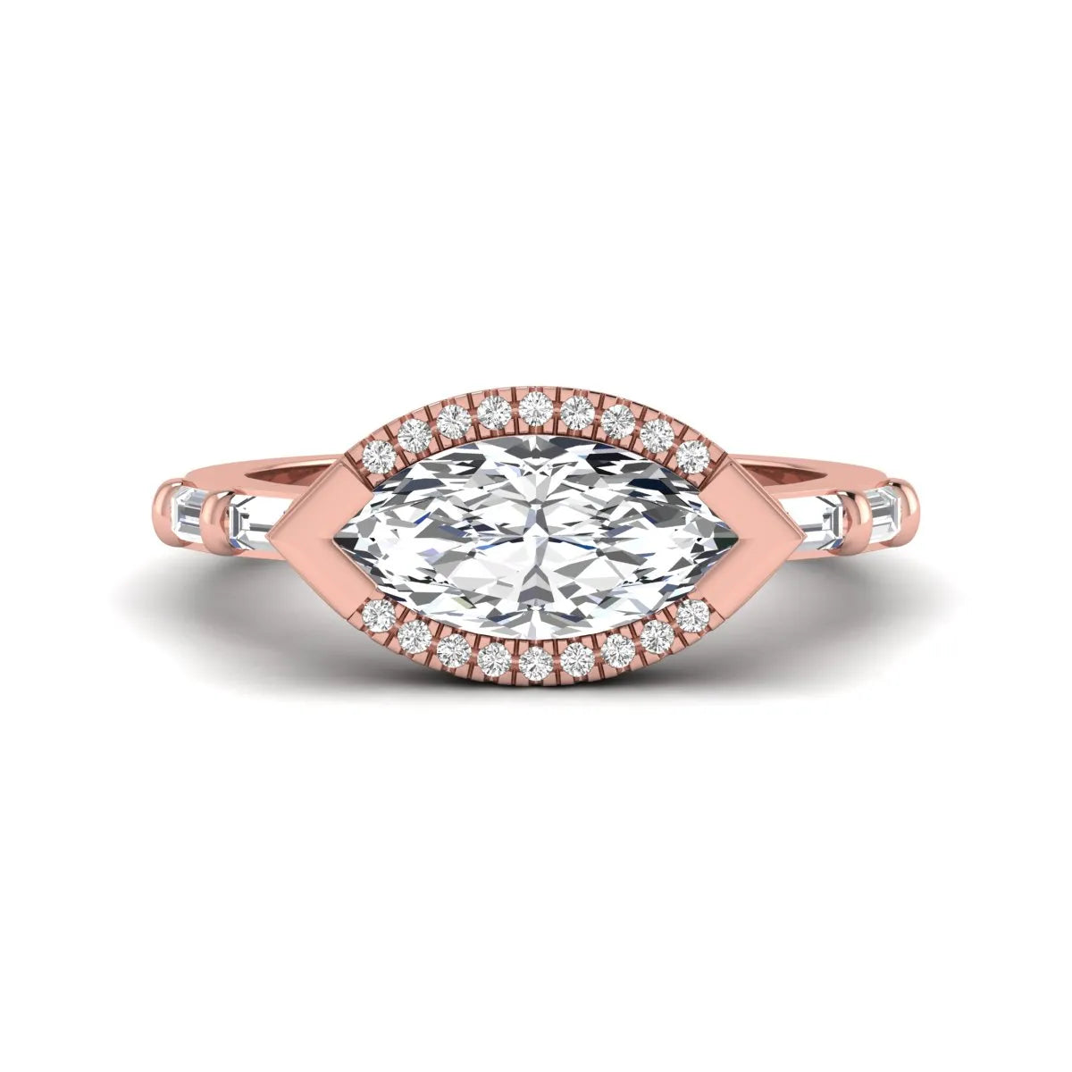 Marquise cut lab grown diamond halo engagement ring with round halo, baguette side diamonds, and rose gold tone band.