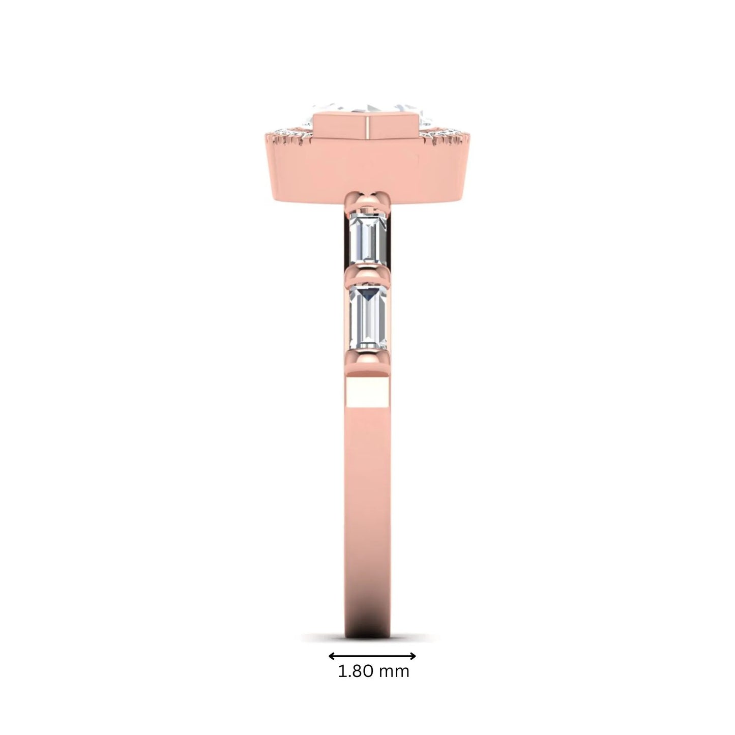 Marquise cut lab grown diamond halo engagement ring with round halo, baguette side diamonds, and rose gold tone band.