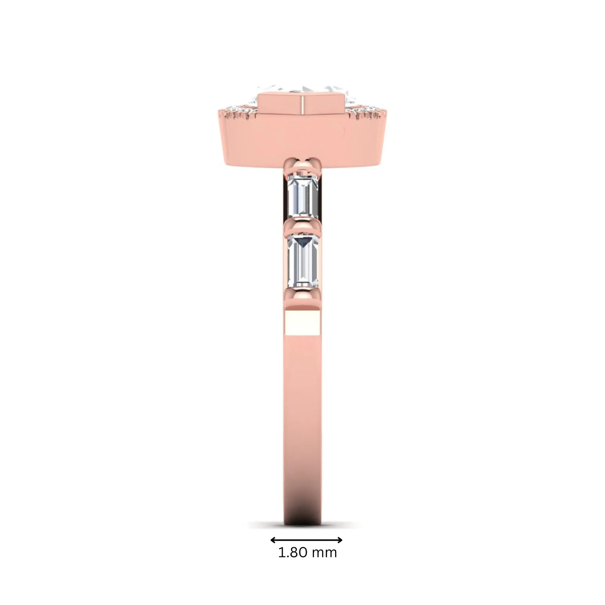 Marquise cut lab grown diamond halo engagement ring with round halo, baguette side diamonds, and rose gold tone band.