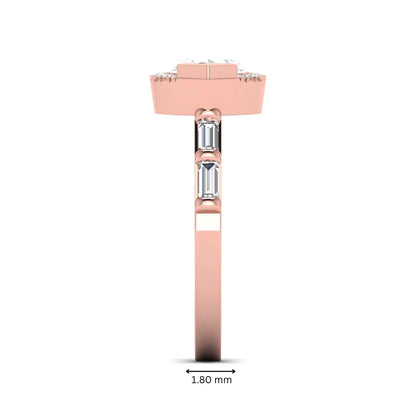 Marquise cut lab grown diamond halo engagement ring with round halo, baguette side diamonds, and rose gold tone band.
