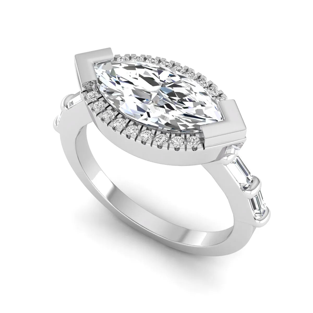 Marquise cut lab grown diamond halo engagement ring with round halo, baguette side diamonds, and white gold tone band.