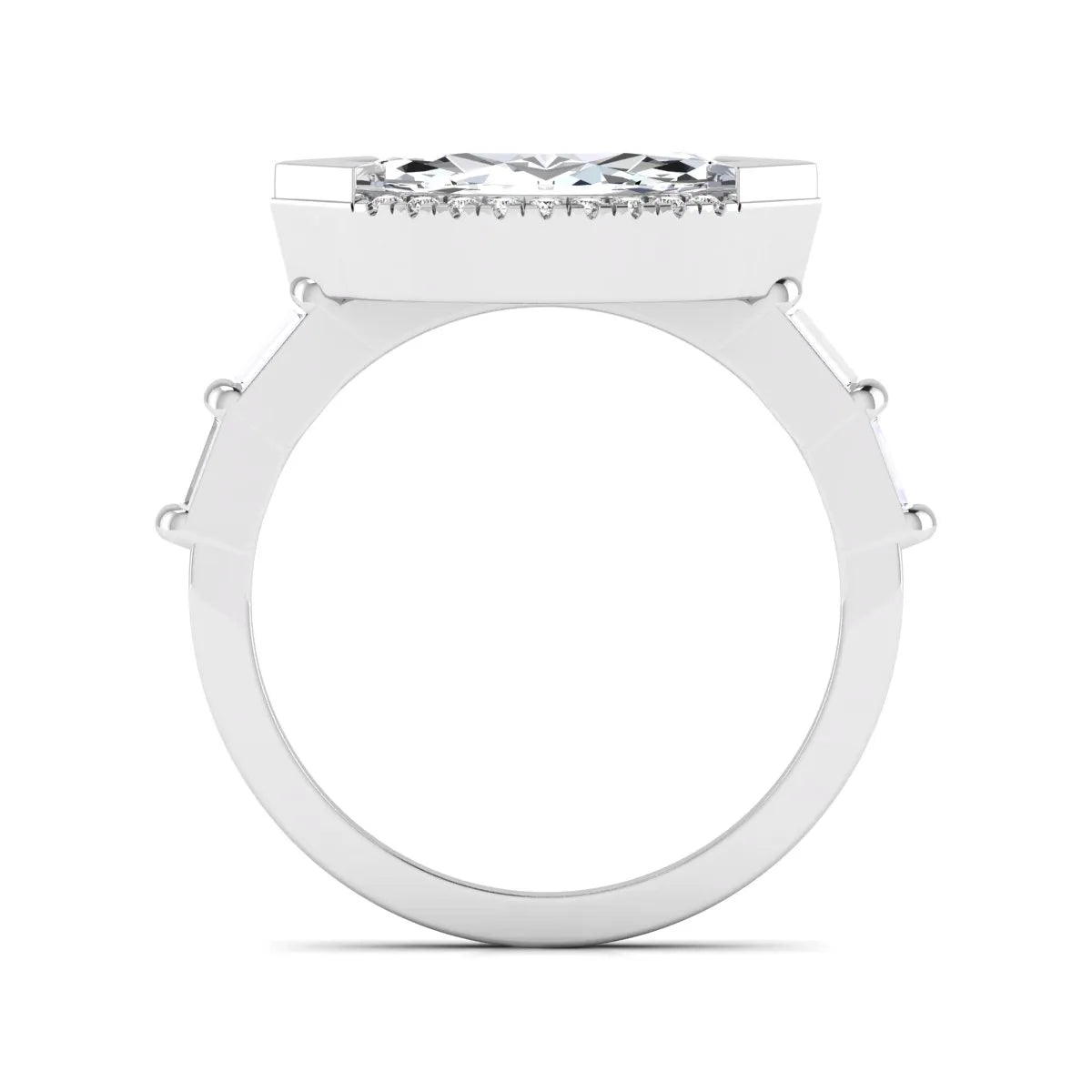 Marquise cut lab grown diamond halo engagement ring with round halo, baguette side diamonds, and white gold tone band.