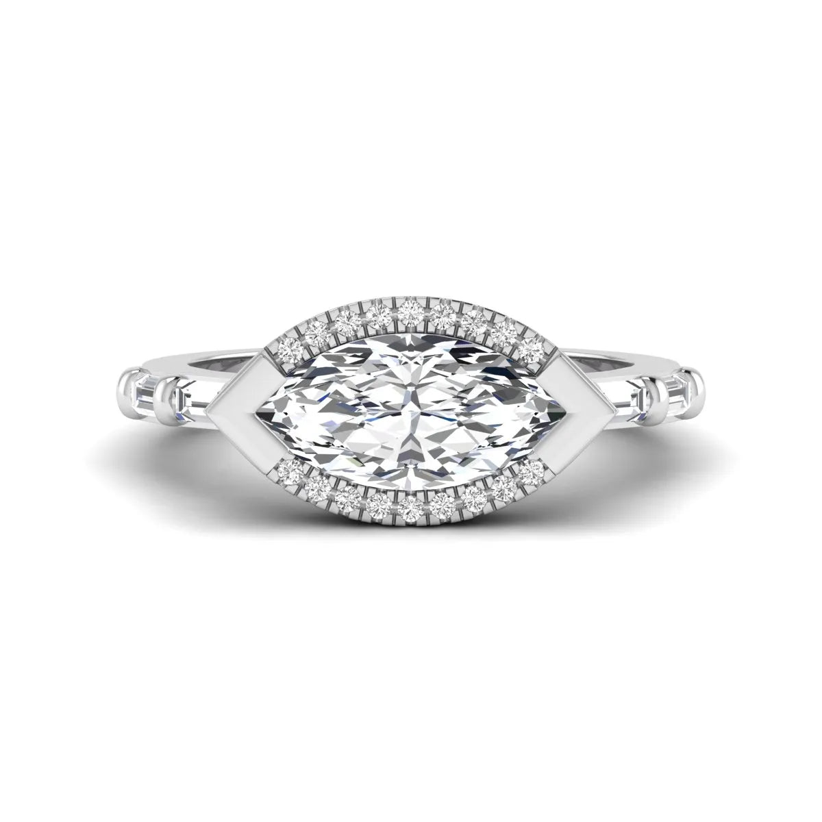 Marquise cut lab grown diamond halo engagement ring with round halo, baguette side diamonds, and white gold tone band.