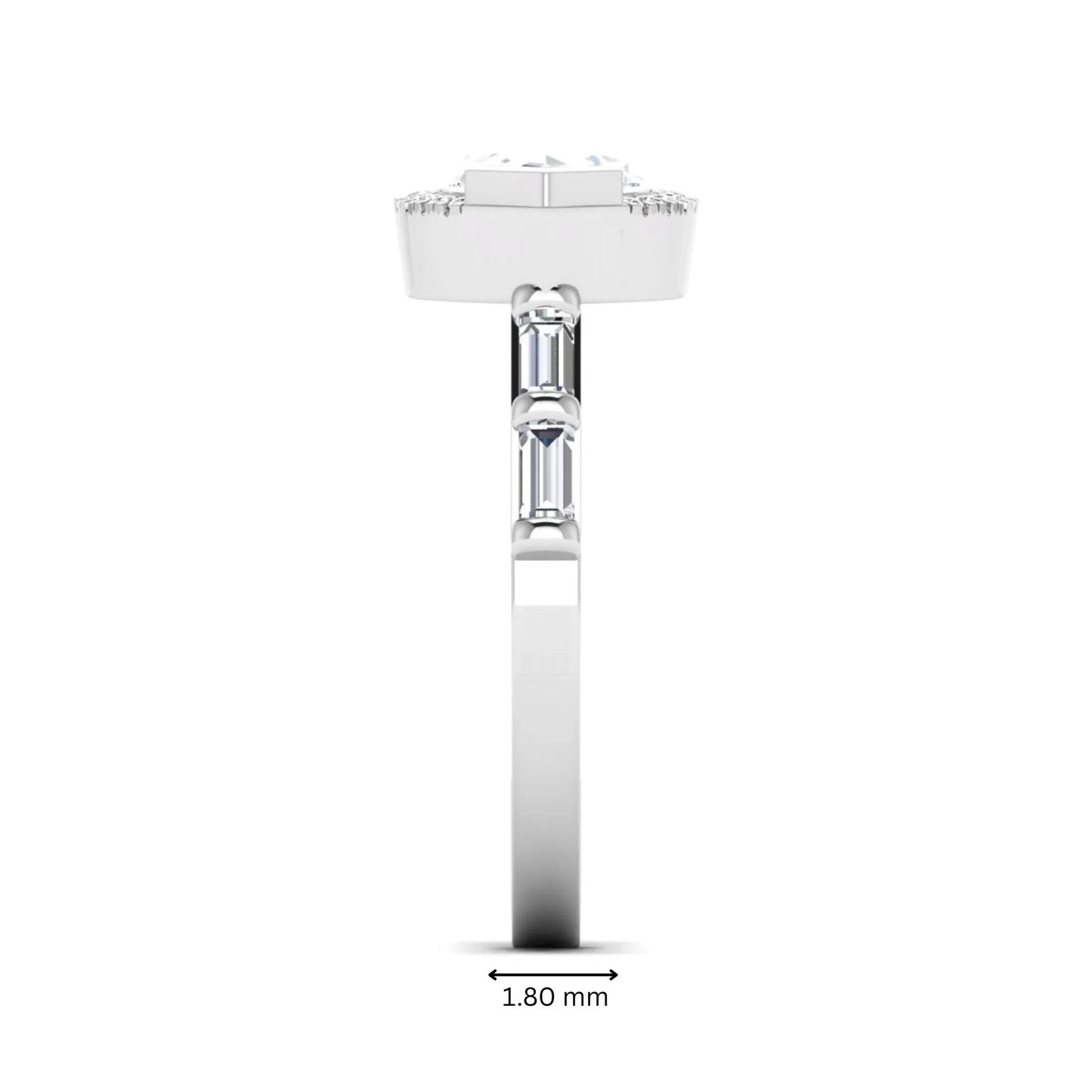 Marquise cut lab grown diamond halo engagement ring with round halo, baguette side diamonds, and white gold tone band.