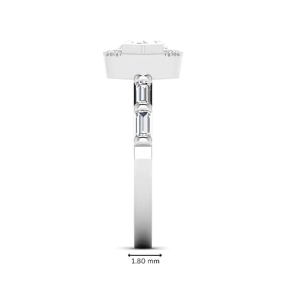 Marquise cut lab grown diamond halo engagement ring with round halo, baguette side diamonds, and white gold tone band.