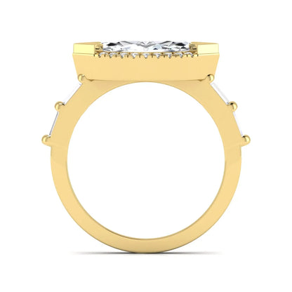 Marquise cut lab grown diamond halo engagement ring with round halo, baguette side diamonds, and yellow gold tone band.
