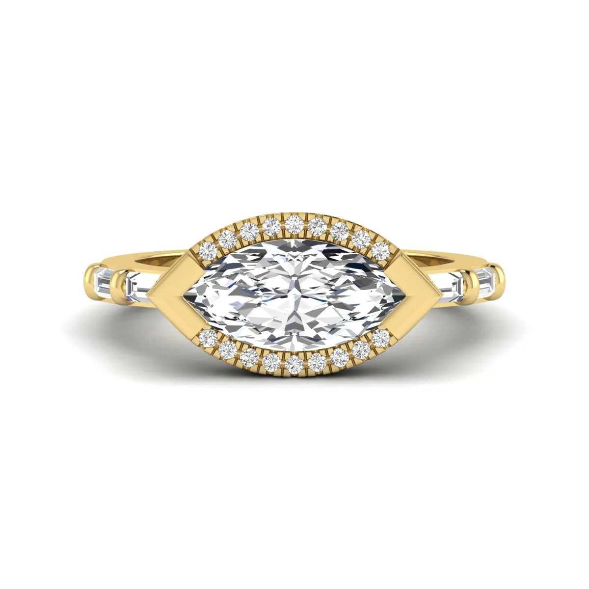 Marquise cut lab grown diamond halo engagement ring with round halo, baguette side diamonds, and yellow gold tone band.