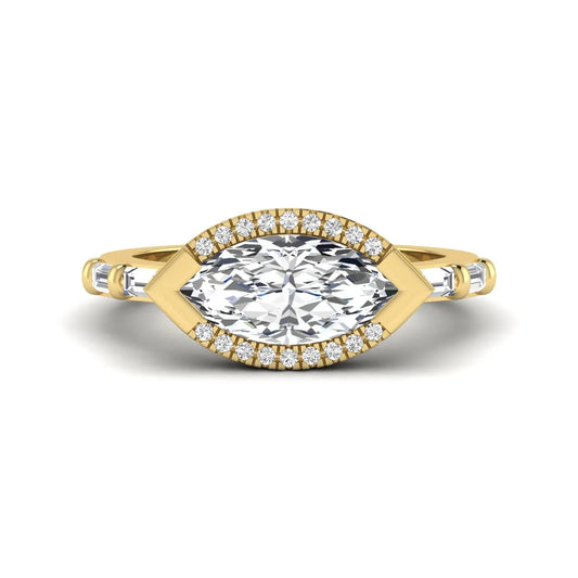 Marquise cut lab grown diamond halo engagement ring with round halo, baguette side diamonds, and yellow gold tone band.