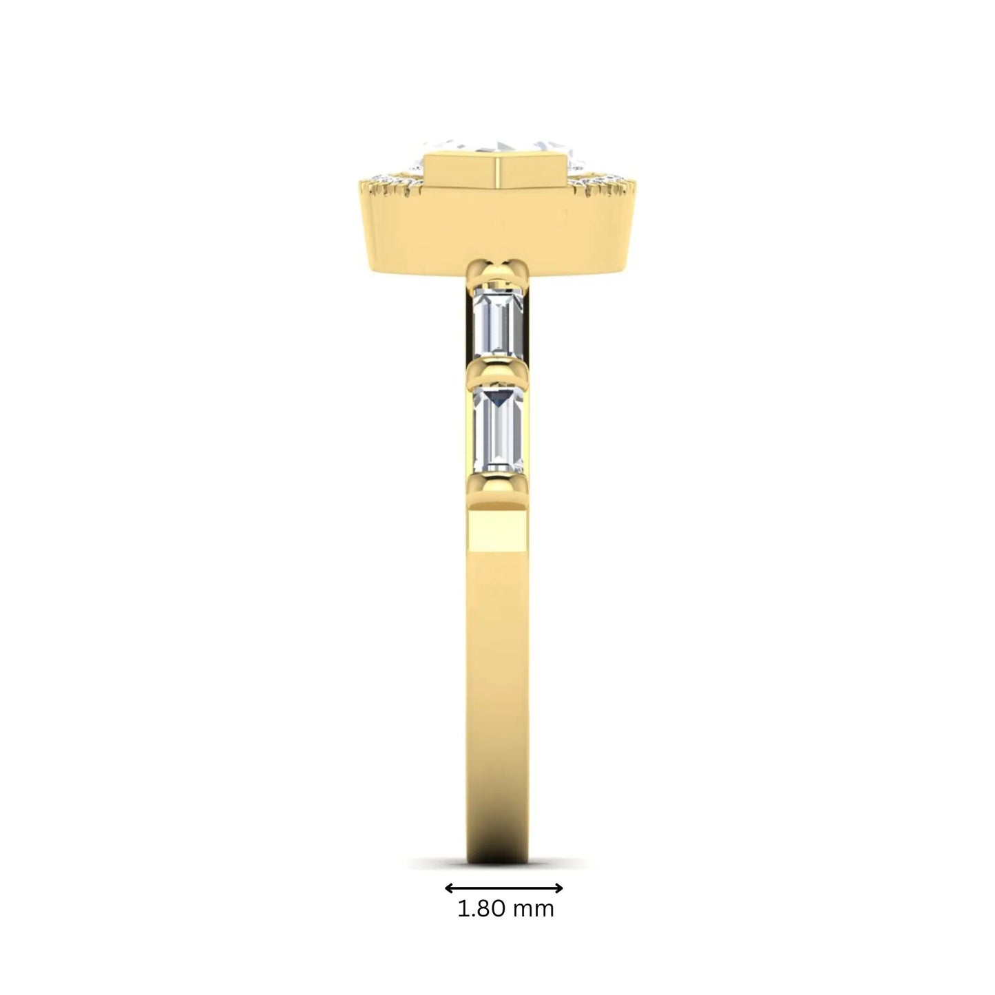 Marquise cut lab grown diamond halo engagement ring with round halo, baguette side diamonds, and yellow gold tone band.