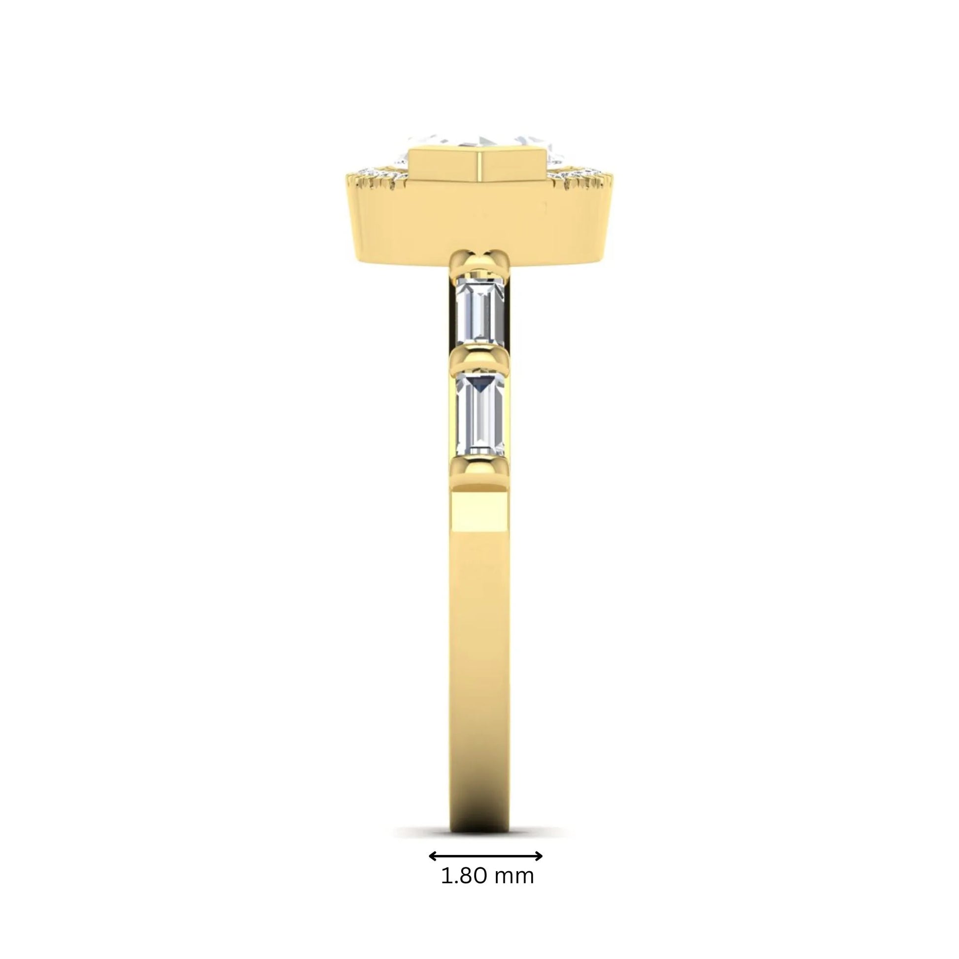 Marquise cut lab grown diamond halo engagement ring with round halo, baguette side diamonds, and yellow gold tone band.