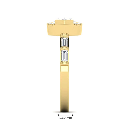 Marquise cut lab grown diamond halo engagement ring with round halo, baguette side diamonds, and yellow gold tone band.