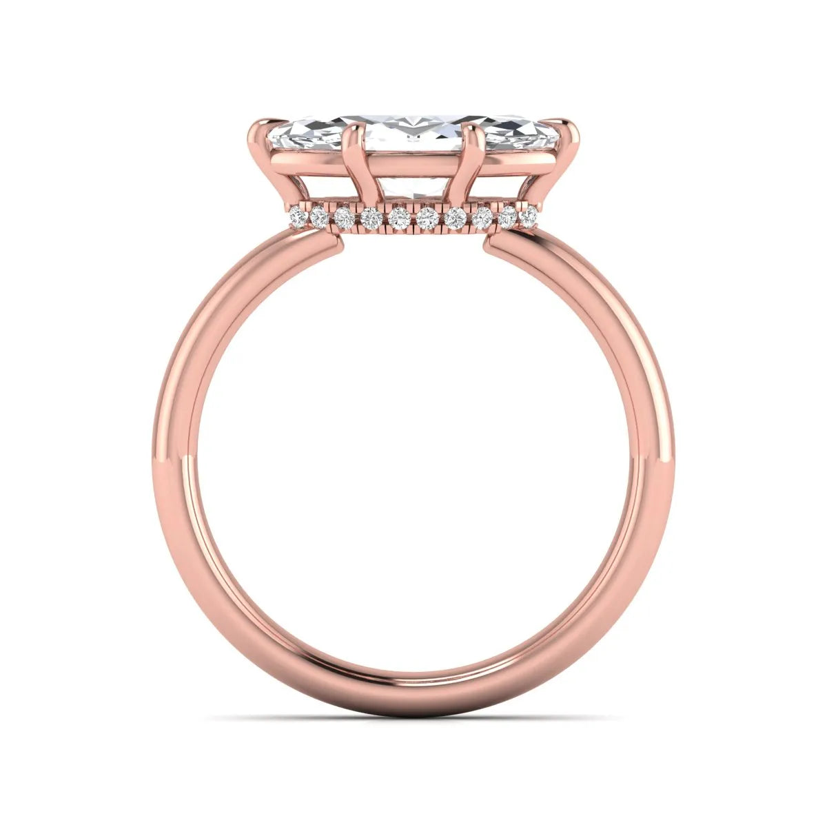 Marquise cut lab grown diamond hidden halo solitaire engagement ring featuring a 1.62 carat IGI certified center diamond with a hidden halo in rose gold.