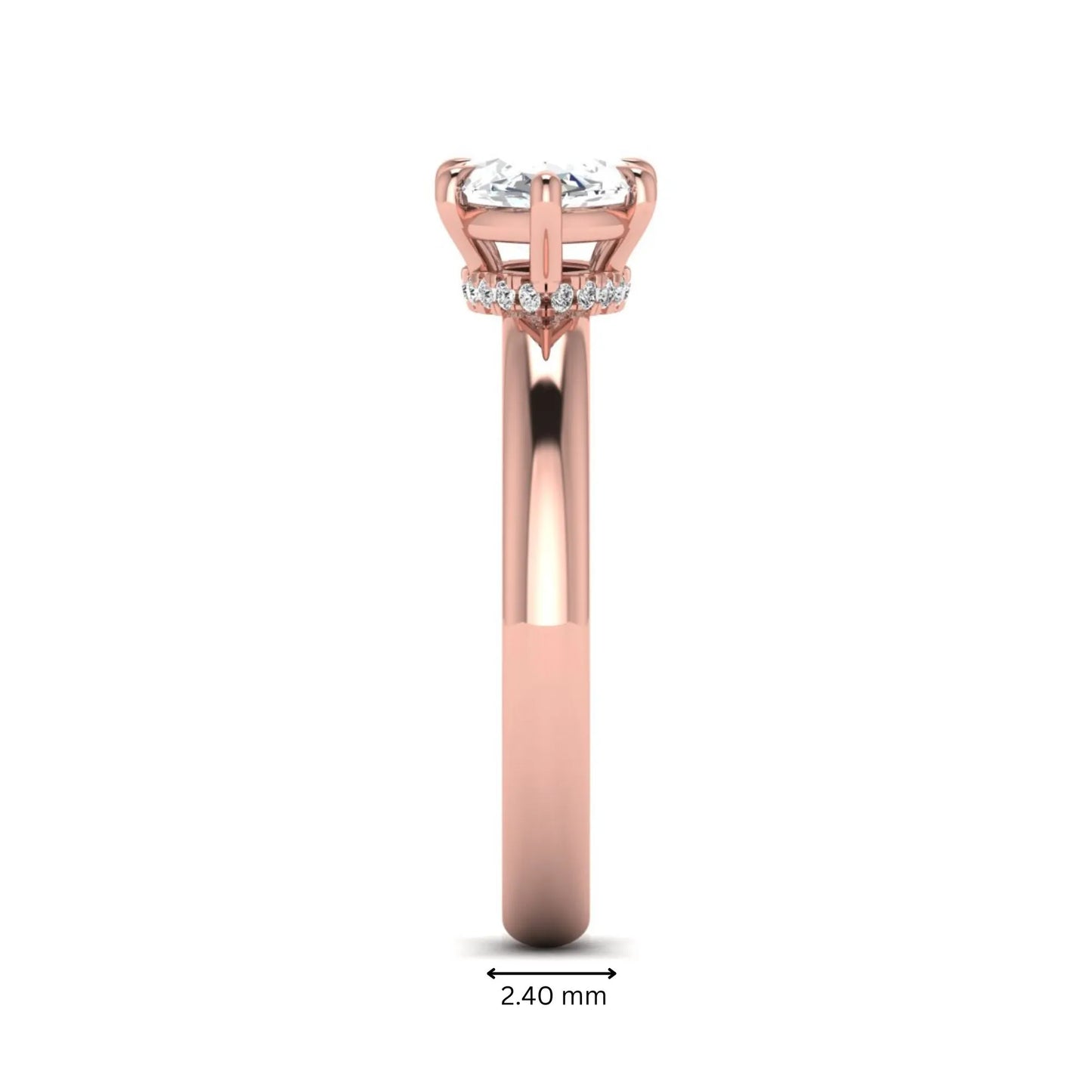Marquise cut lab grown diamond hidden halo solitaire engagement ring featuring a 1.62 carat IGI certified center diamond with a hidden halo in rose gold.