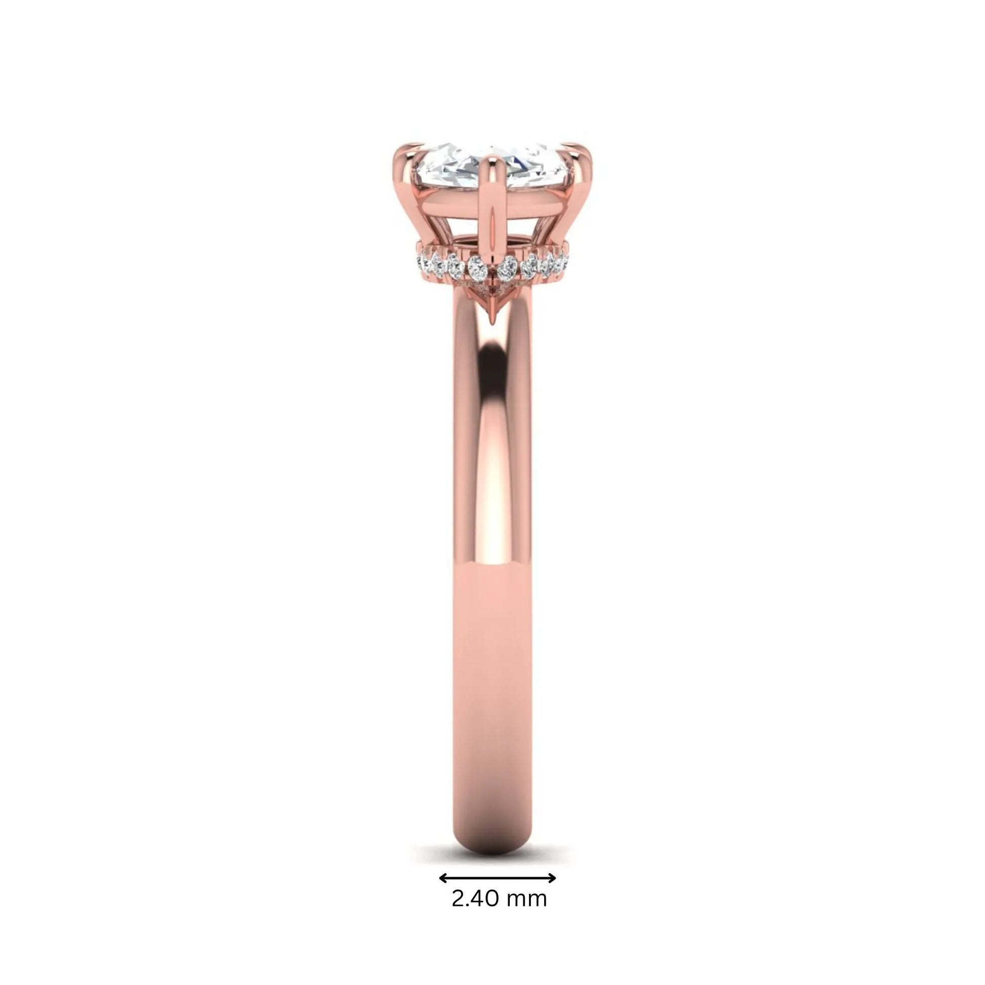 Marquise cut lab grown diamond hidden halo solitaire engagement ring featuring a 1.62 carat IGI certified center diamond with a hidden halo in rose gold.