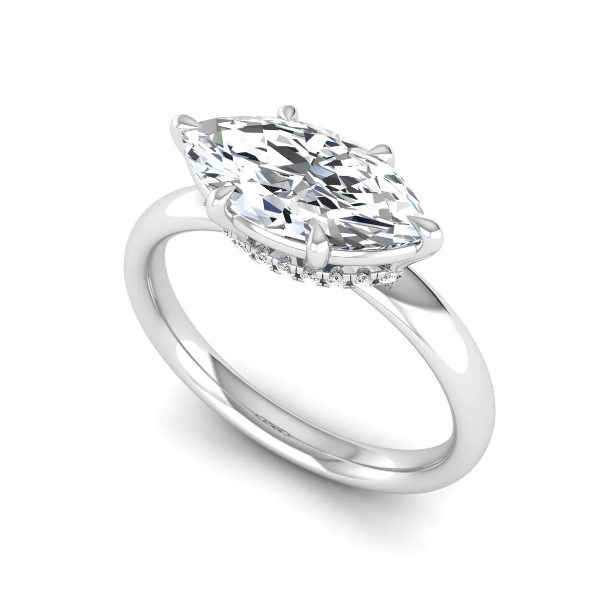 Marquise cut lab grown diamond hidden halo solitaire engagement ring featuring a 1.62 carat IGI certified center diamond with a hidden halo in white gold.