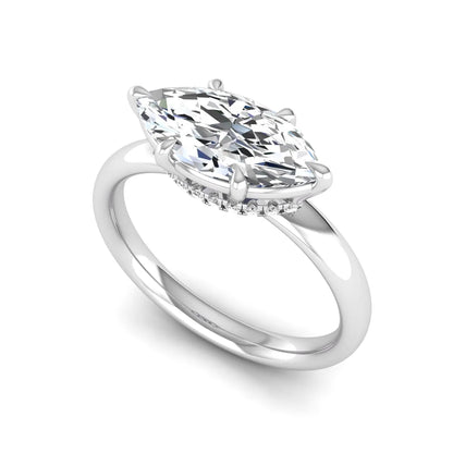 Marquise cut lab grown diamond hidden halo solitaire engagement ring featuring a 1.62 carat IGI certified center diamond with a hidden halo in white gold.