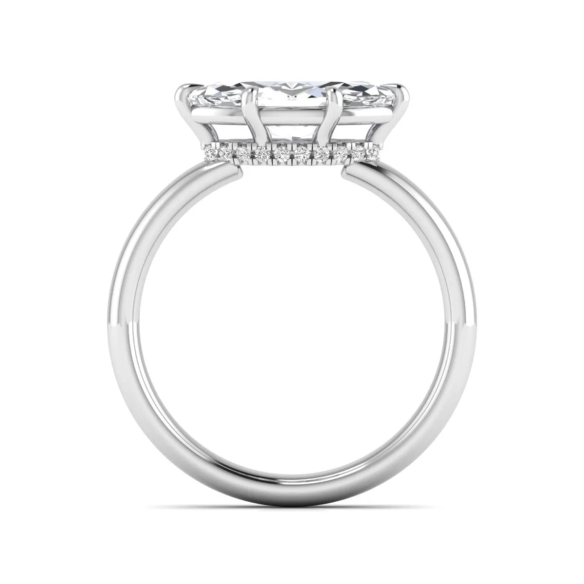 Marquise cut lab grown diamond hidden halo solitaire engagement ring featuring a 1.62 carat IGI certified center diamond with a hidden halo in white gold.