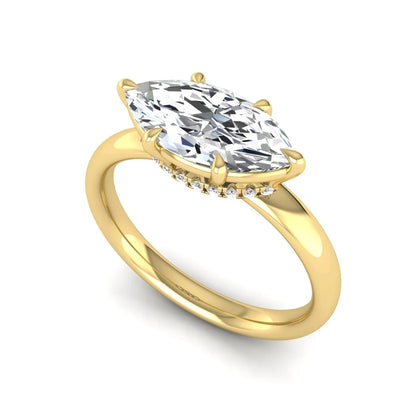 Marquise cut lab grown diamond hidden halo solitaire engagement ring featuring a 1.62 carat IGI certified center diamond with a hidden halo in yellow gold.