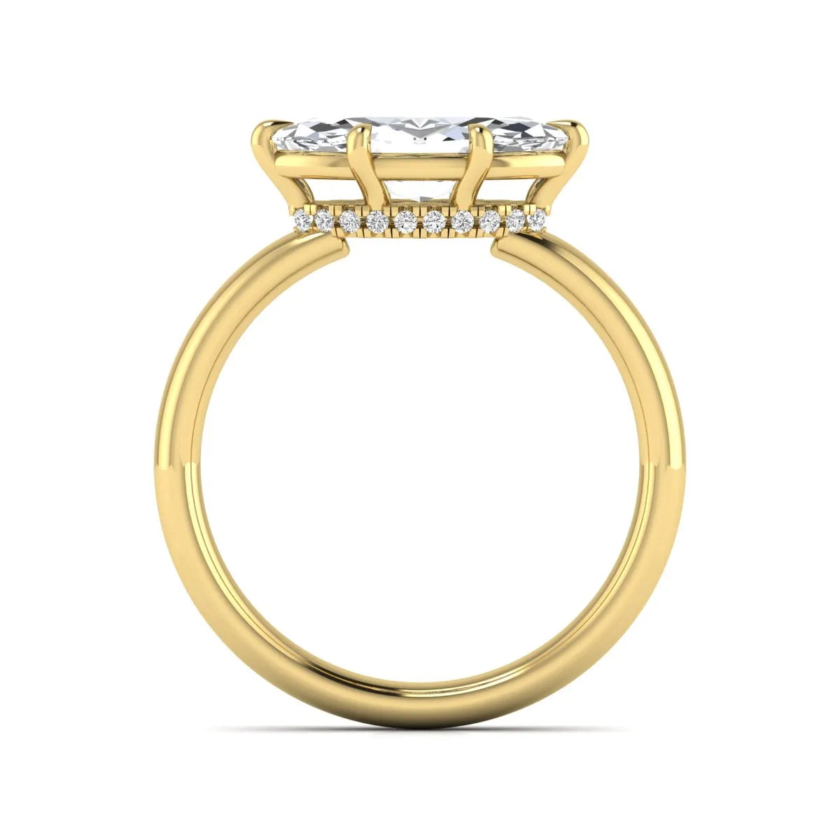 Marquise cut lab grown diamond hidden halo solitaire engagement ring featuring a 1.62 carat IGI certified center diamond with a hidden halo in yellow gold.