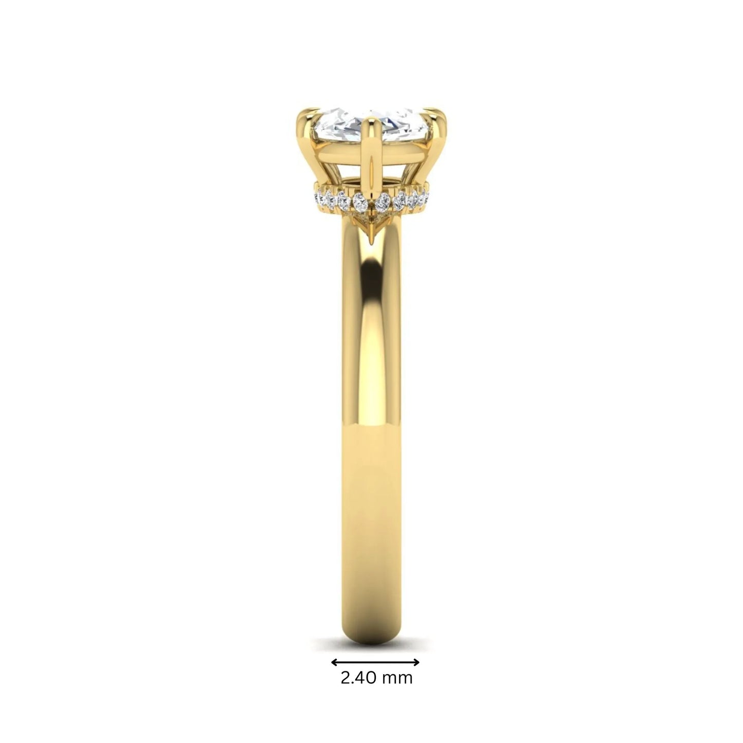 Marquise cut lab grown diamond hidden halo solitaire engagement ring featuring a 1.62 carat IGI certified center diamond with a hidden halo in yellow gold.