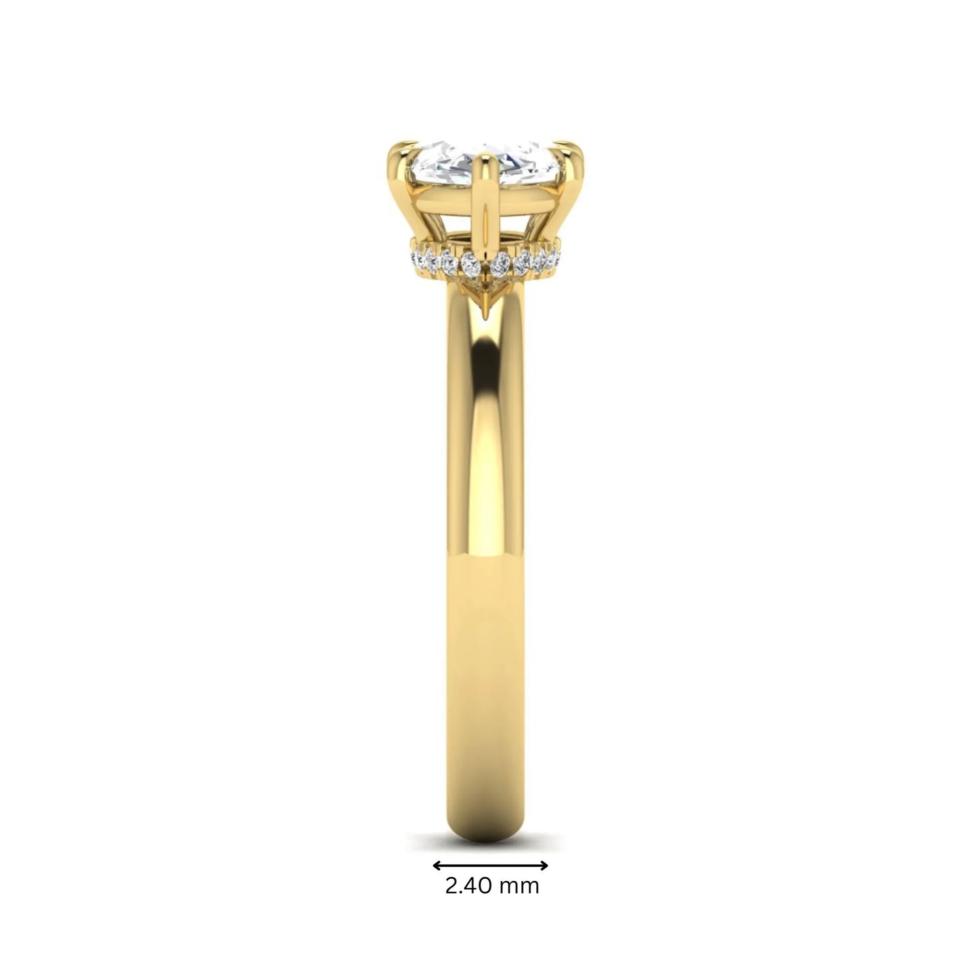 Marquise cut lab grown diamond hidden halo solitaire engagement ring featuring a 1.62 carat IGI certified center diamond with a hidden halo in yellow gold.