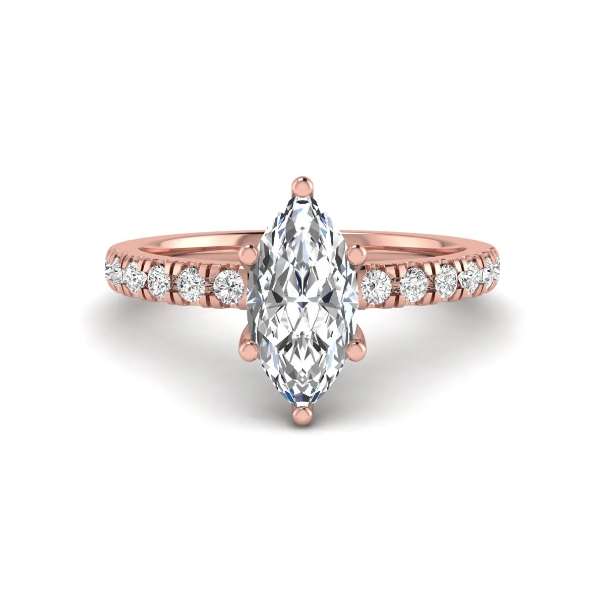 Marquise cut lab grown diamond pavé engagement ring featuring a 0.95 carat center diamond in rose gold.