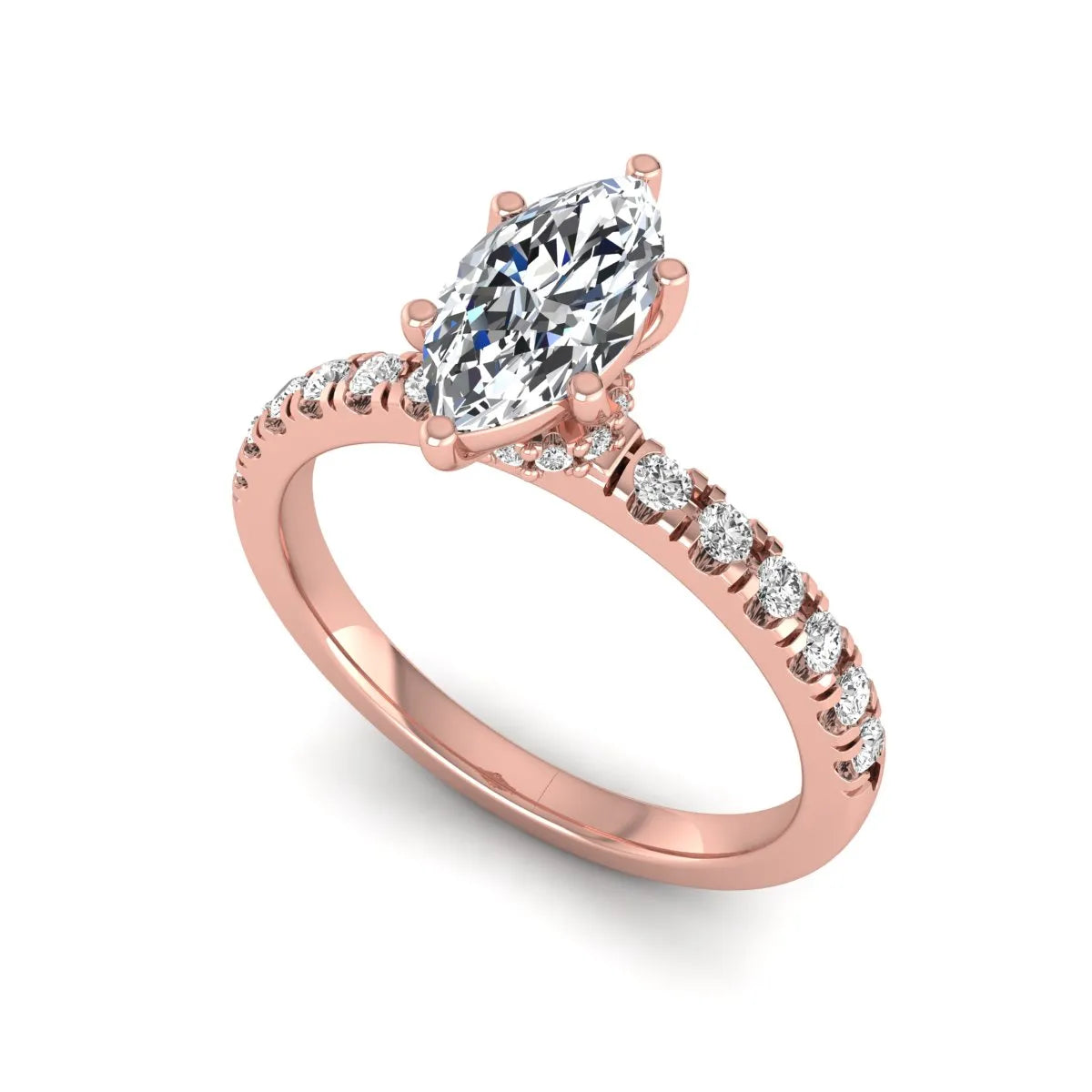 Marquise cut lab grown diamond pavé engagement ring featuring a 0.95 carat center diamond in rose gold.