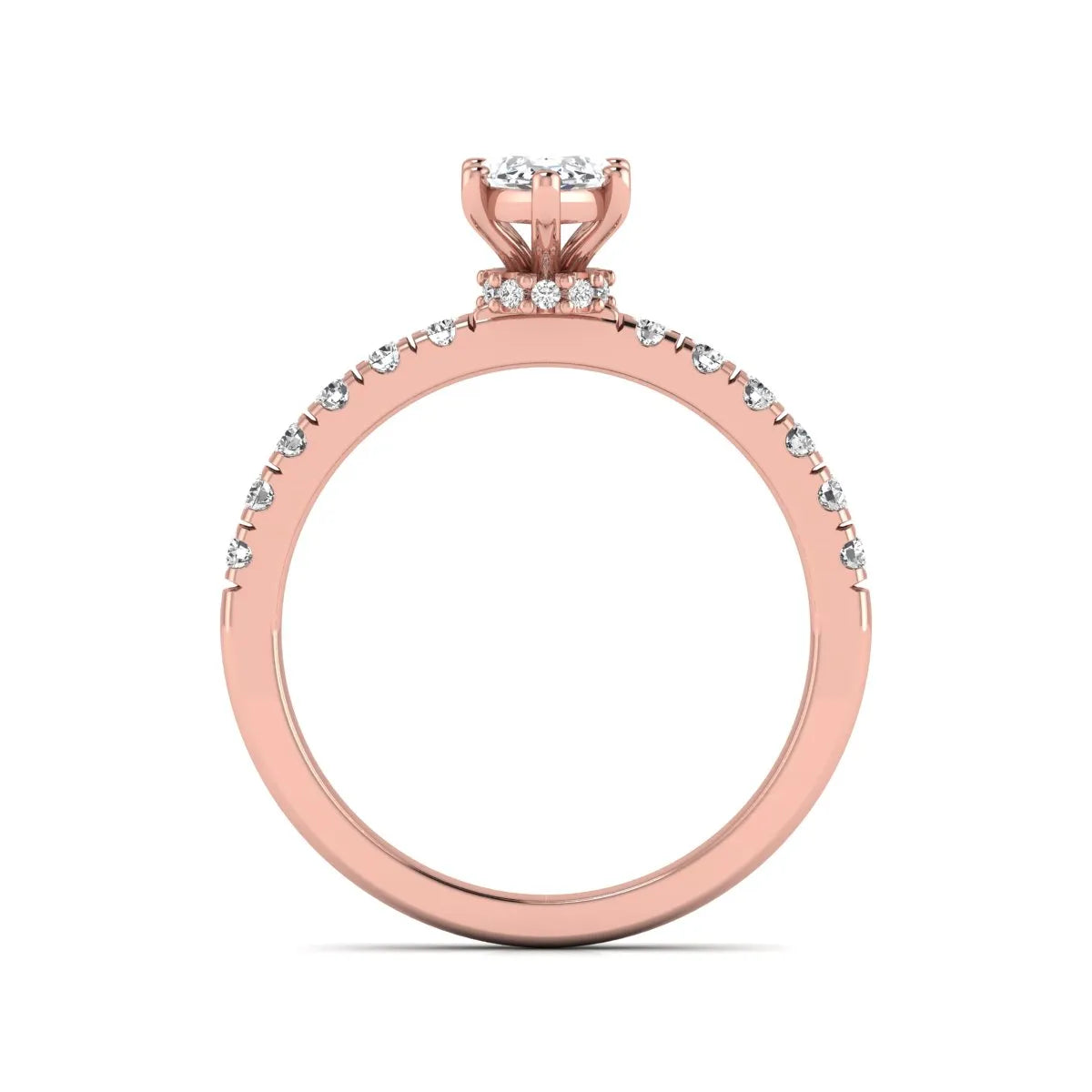 Marquise cut lab grown diamond pavé engagement ring featuring a 0.95 carat center diamond in rose gold.