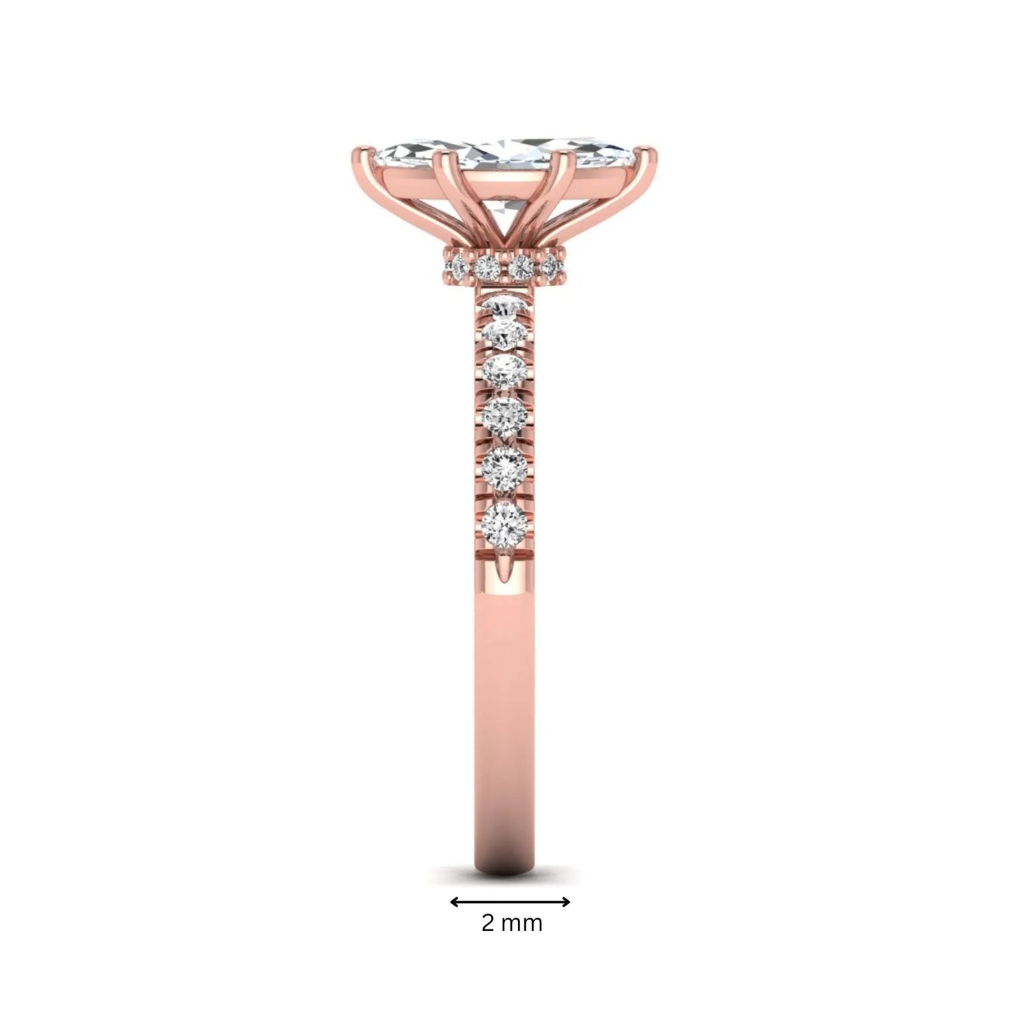 Marquise cut lab grown diamond pavé engagement ring featuring a 0.95 carat center diamond in rose gold.