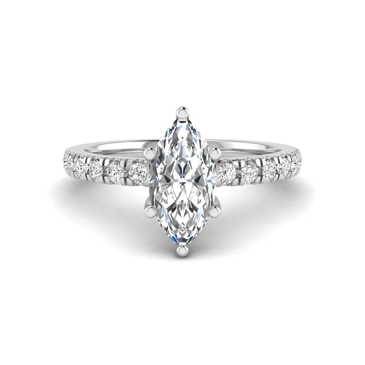 Marquise cut lab grown diamond pavé engagement ring featuring a 0.95 carat center diamond in white gold.