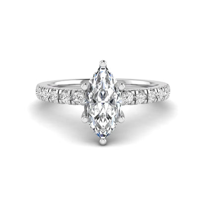 Marquise cut lab grown diamond pavé engagement ring featuring a 0.95 carat center diamond in white gold.