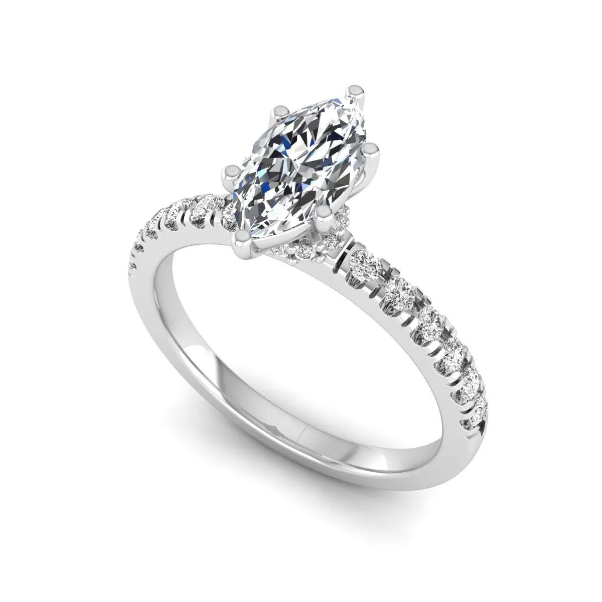 Marquise cut lab grown diamond pavé engagement ring featuring a 0.95 carat center diamond in white gold.
