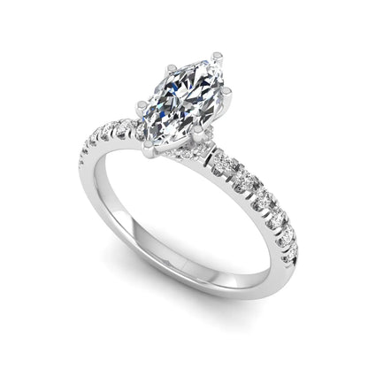 Marquise cut lab grown diamond pavé engagement ring featuring a 0.95 carat center diamond in white gold.