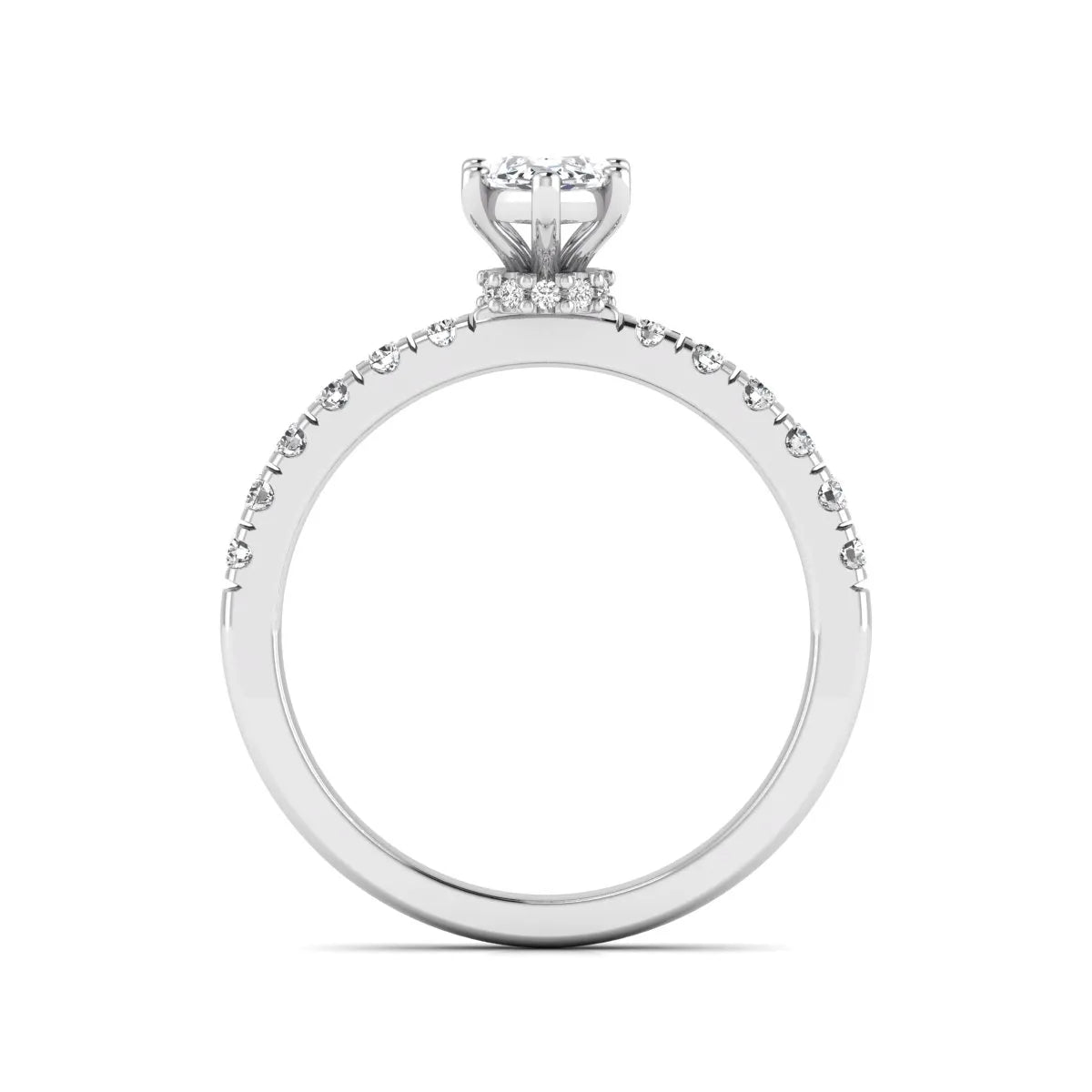 Marquise cut lab grown diamond pavé engagement ring featuring a 0.95 carat center diamond in white gold.