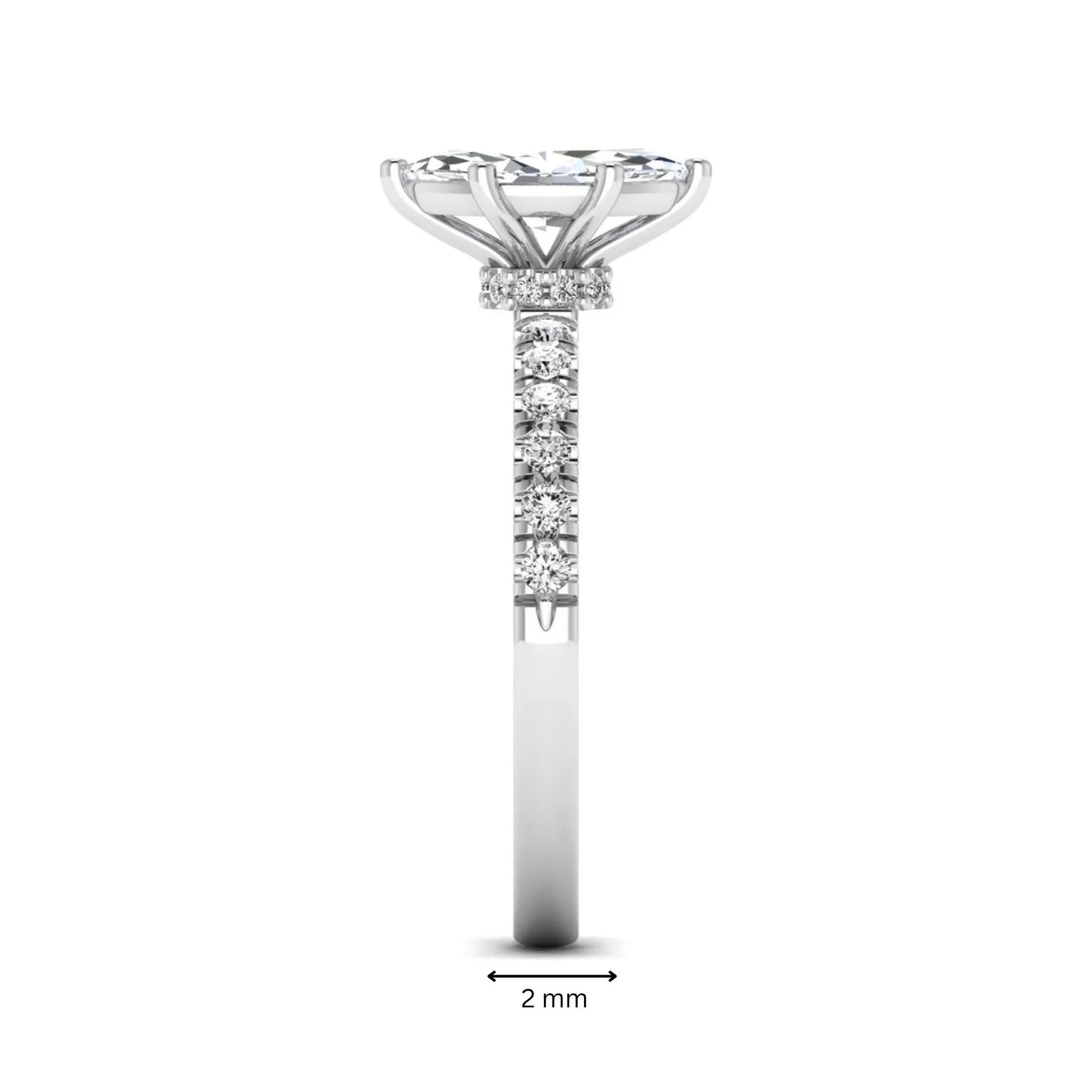 Marquise cut lab grown diamond pavé engagement ring featuring a 0.95 carat center diamond in white gold.